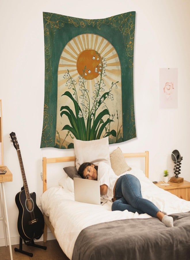 HUGANE Emerald Green Lily of the Valley Boho Sun Tapestry, Mystical Folk Botanical Wall Tapestries, Vintage Boho Sunshine Flower Hanging Wall Decor for Bedroom Living Room Home Office - Image 5